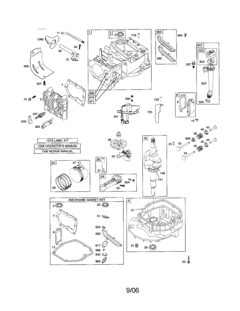 Cylinder/Crankshaft/Sump Diagram and Parts List for 120500 0015-0354 Briggs and Stratton Engine
